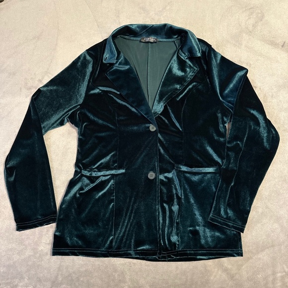 Emerald Green Velvet Blazer Jacket Womens L Velour Unlined Steampunk Whimsigoth - Picture 1 of 9